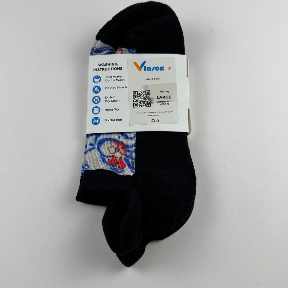 Viasox Diabetic‎ Ankle Socks Unisex Large Black Blue Floral NWT Mystery Pattern